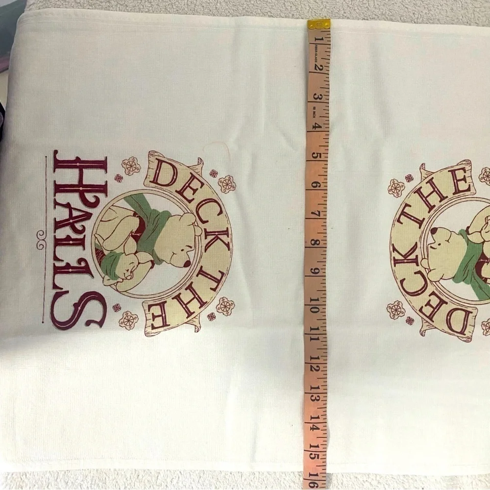 Winnie the Pooh 2 Piece Kitchen Dish Towel Set NWOT 100% Cotton “DECK THE HALLS”